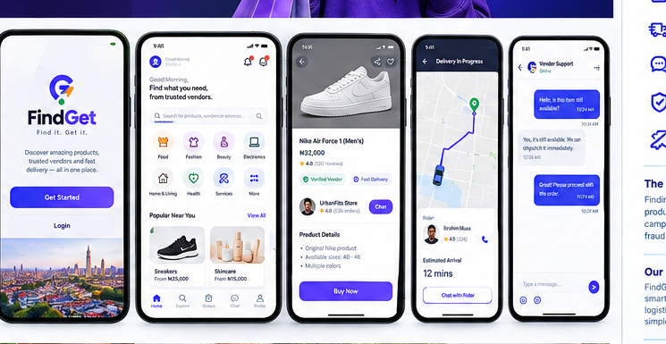 FindGet app screens: home, discovery, product, live tracking and chat